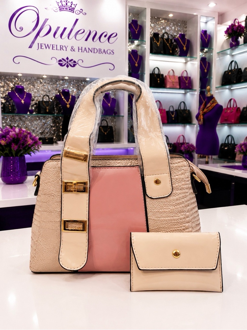 Beige & Pink Structured Satchel with Matching Wallet